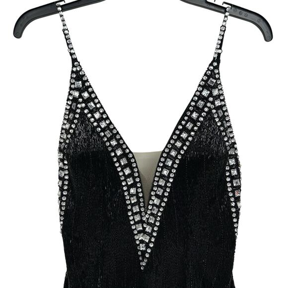 Aleta 738 Black Rhinestone Beaded Plunge Neckline Evening Mini Dress Womens 6 - Picture 3 of 10